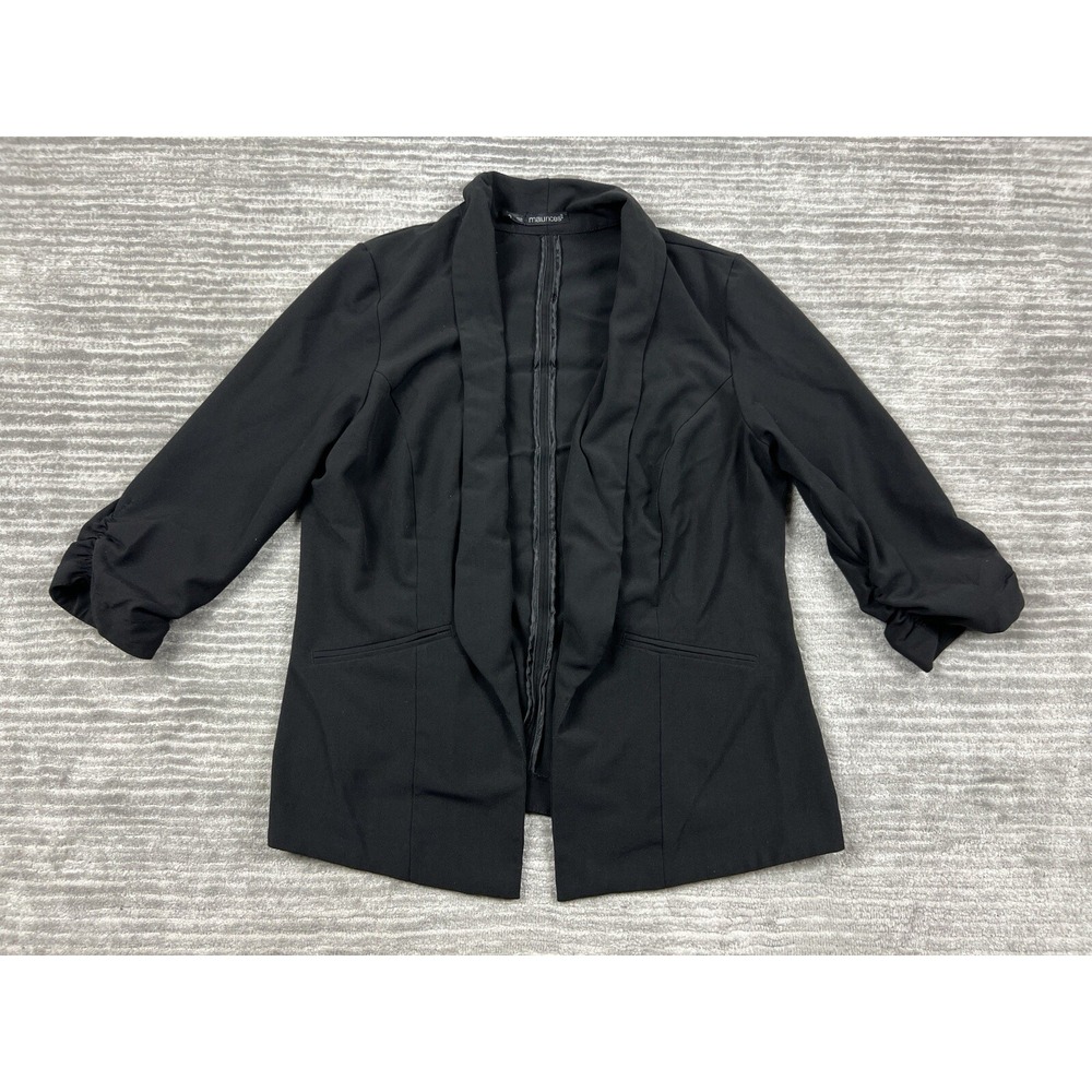 Maurices Blazer Womens 0 Black Open Front Ruched 3/4 Sleeve Shawl Collar Casual
